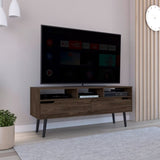 ZUN Tv Stand for TV´s up 52", Three Open Shelves, Two Flexible Drawers, Dark Walnut B097133050