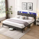 King Bed Frame Storage Headboard, Charging Station and LED Lights, Upholstered Platform Bed 18121287