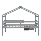 ZUN Twin Low Loft House Bed with Slide, Ladder, Safety Guardrails, House Roof Frame,Grey 74742872