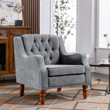 Grey Accent Chair, Living Room Chair, Footrest Chair Set with Vintage Brass Studs, Button Tufted W1170100895