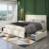 Anna Patented 2-Drawer Storage Bed Queen Size Ivory Velvet Upholstered Wingback Platform Bed, Modern B083P156196