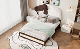 ZUN Full Size Upholstered Platform Bed with Bear Shaped Headboard, LED Light Strips, White + Brown 19640686