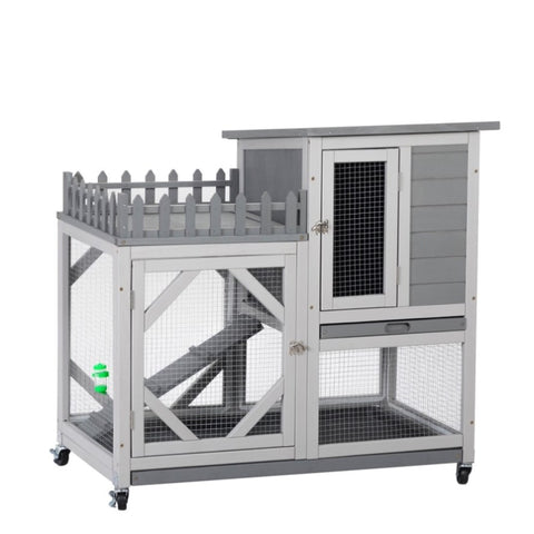 ZUN Large Rabbit Hutch, Wooden Bunny Cage with Casters, Fence, Trays, Water Bottle, Indoor and Outdoor W2181P146764