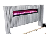 Luxury King Bed Wingback Headboard Decorative Built-in Fireplace Speaker Gray Corduroy Upholstered B011P484443