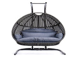 Charcoal Wicker Hanging Double-Seat Swing Chair with Stand w/Dust Blue Cushion MWTF-9716KD3
