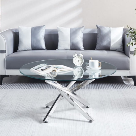 ZUN Modern Round Tempered Glass Coffee Table with Chrome Legs 24049432