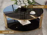 Modern Black Mirror Coffee Table, Asymmetrical Metal, Circular Metal Drum Base, Gold Finish & Lower N735P177478B