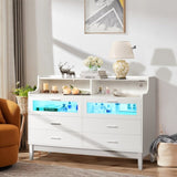 ZUN White Wood Tempered Glass Drawer Dresser with LED Light Strips & Charging Station & USB Ports Bed 58583809