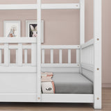 Twin Size Floor Wooden Bed with House Roof Frame, Fence Guardrails,White W1858123984