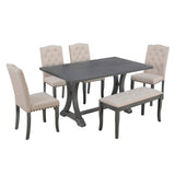 ZUN 6-Piece Farmhouse Table Set, Rectangular Trestle Table and 4 Upholstered Chairs & Bench for 82603456