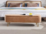Camel Storage Ottoman Bench for End of Bed Gold Legs, Modern Camel Faux Fur Entryway Bench W117082031