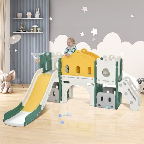 ZUN Kids Slide Playset Structure, Castle Climber with Slide and Basketball Hoop, Toy Storage Organizer 49067753