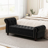 64.5" Bed Bench for Bed Room Nails Tufted Chaise of Lounge with Storage Velvet Upholstery Black W1097P202877