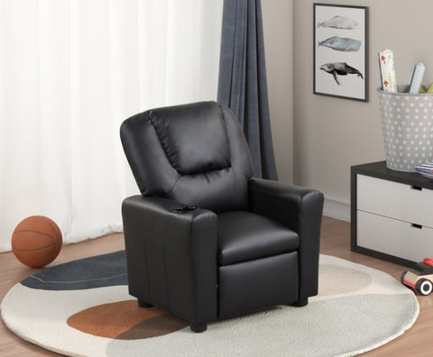 ZUN Marisa 22" Black PU Leather Kids Recliner Chair with Cupholder B061110700