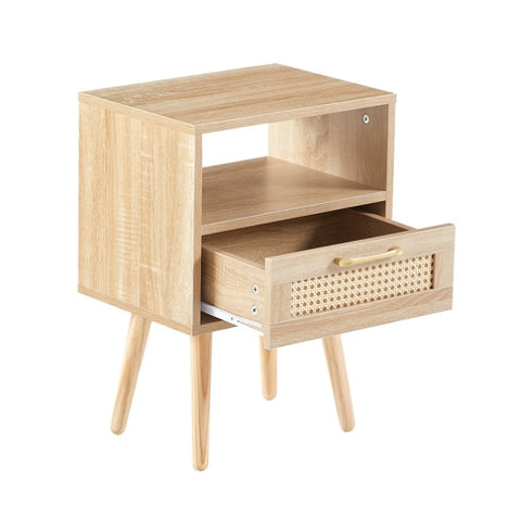 ZUN 15.75" Rattan End table with drawer and solid wood legs, Modern nightstand, side table for living W2181P201357