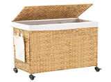 165L 3-Section Laundry with Lid and Wheels, Woven Natural Water Hyacinth Rolling Laundry 87264683
