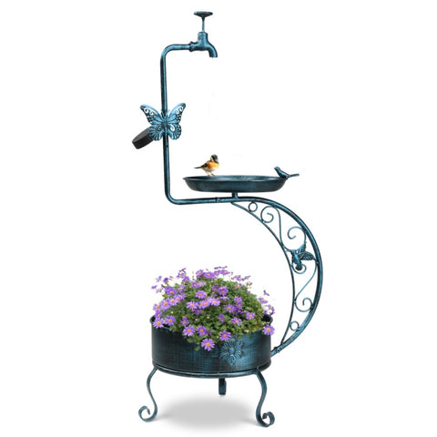 ZUN 36 inch Bird Baths for Outdoors, Vintage Metal Garden Bird Bath with Solar Lamp and Flower Planter 43168997