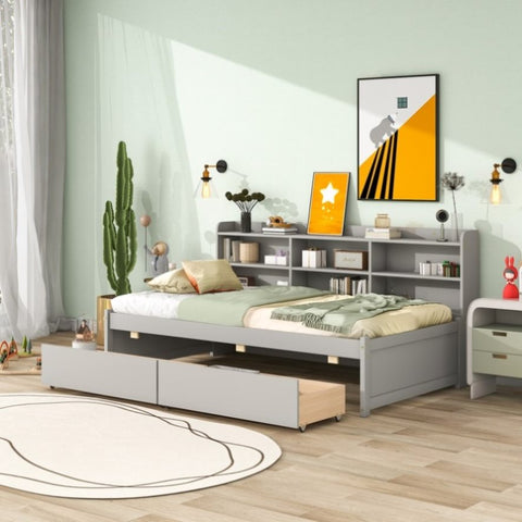 ZUN Twin Bed with Side Bookcase, Drawers ,Grey 20029908