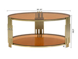 Modern Brown Glass Coffee Table, Asymmetrical Metal, Circular Metal Drum Base, Gold Finish & Lower N735P177478D