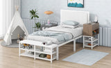 Twin size Metal Platform Bed with Two-Tier Storage Shelves, Wooden Storage Cabinet, White N737P199330K