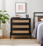 ZUN Rattan Storage Cabinet with 3 Large Drawers, Boho Mid-Century Wooden Nightstand Drawer Dresser, W1801P182002