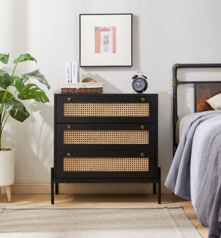 ZUN Rattan Storage Cabinet with 3 Large Drawers, Boho Mid-Century Wooden Nightstand Drawer Dresser, W1801P182002