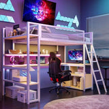 Twin Size Metal Loft Bed with Built-in Work Station, LED and Multiple Storage, White 81360789