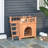 ZUN Natural Wood 2-Level Wooden Cat House with Lockable Wire Door 15770241