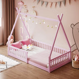 Twin Size Wood House Bed with Fence, Pink N709P183348H