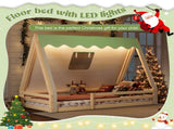 Twin Size House Floor Bed with Tent and Light, Solid Wood Teepee Floor Bed with Full-length W1580P369466