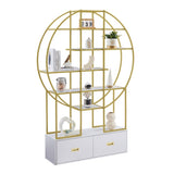 70.8 Inch Round Office Bookcase Bookshelf, Display Shelf, Two Drawers, Gold Frame WF306850AAG