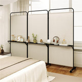 3-Panel Folding Divider with Lockable Wheels and 3 Metal Shelves White 56218480