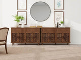 Vintage Sideboard Buffet Cabinet with Hand-Carved Hollow Doors, Distressed Light Wood Finish, 2 W688P359947
