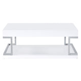 ZUN White High Gloss and Chrome Coffee Table with Bottom Shelf B062P181385