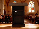 Wood Podium Stand, 44" Tall Wooden Lectern with Mic Stand Space, sliding shelf with cup holder and W282P430658