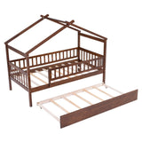 Twin Size Wooden House Bed with Twin Size Trundle, Walnut WF302178AAL