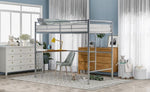 ZUN Twin Metal Loft Bed with Desk, Ladder and Guardrails, Loft Bed for Bedroom, Silver MF286452AAN