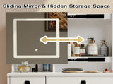 Farmhouse Vanity Desk with Sliding Mirror,Lights and Charging Station,Makeup Table Desk with W760P206127
