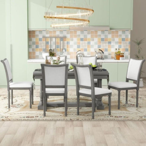 ZUN 7-Piece Dining Table with 4 Trestle Base and 6 Upholstered Chairs with Slightly Curve and Ernomic 73949177