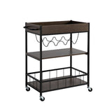 Rolling Kitchen Cart with Three Tiers and Four Wine Bottle Rack - Brown and Black Metal B107131418