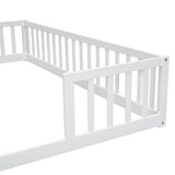 Double Twin Floor Bed with Fence, Guardrails, without door, White W504P143286