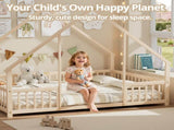 Queen Size Montessori Kids Floor Bed Frame, Playhouse Bed with Triangle Roof Frame, FullSurround 65737078