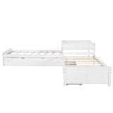 ZUN L-shaped Platform Bed with Trundle and Drawers Linked with built-in Desk,Twin,White 11453578