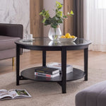 ZUN Round glass top solid wood storage coffee table, black 02548820