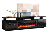 Black Fireplace TV Stand, 177.8*35*60.5cm, Embossed Particle Board with Melamine Foil, High Gloss 45796213