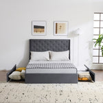 ZUN Upholstered Queen Platform Storage Bed Frame with 4 Drawers, Wingback Headboard with Button Tufted 12280489