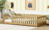 Twin Size Floor Bed with Fence without Door, Rubber Wood Floor Bed with Safety Guardrails,Natural W504P296796
