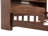Full Pine Wood Bed with Bookcase Headboard ,LED Motion Sensor Light, Bed Guardrails,Walnut W504P281004