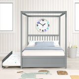 Full Size Canopy Bed with Twin Trundle, Kids Solid Wood Platform Bed Frame w/ Headboard, No Box W69740998