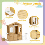 ZUN Wooden Playhouse for Kids Outdoor with Working Door, Windows, Mailbox, Bench, Flowers Pot Holder, W1422P156349